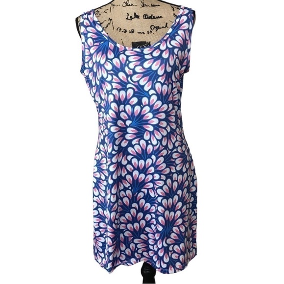 Before + Again Silky Sleeveless Whimsical Fun Artsy Peacock Feather Dress Large - Picture 1 of 5